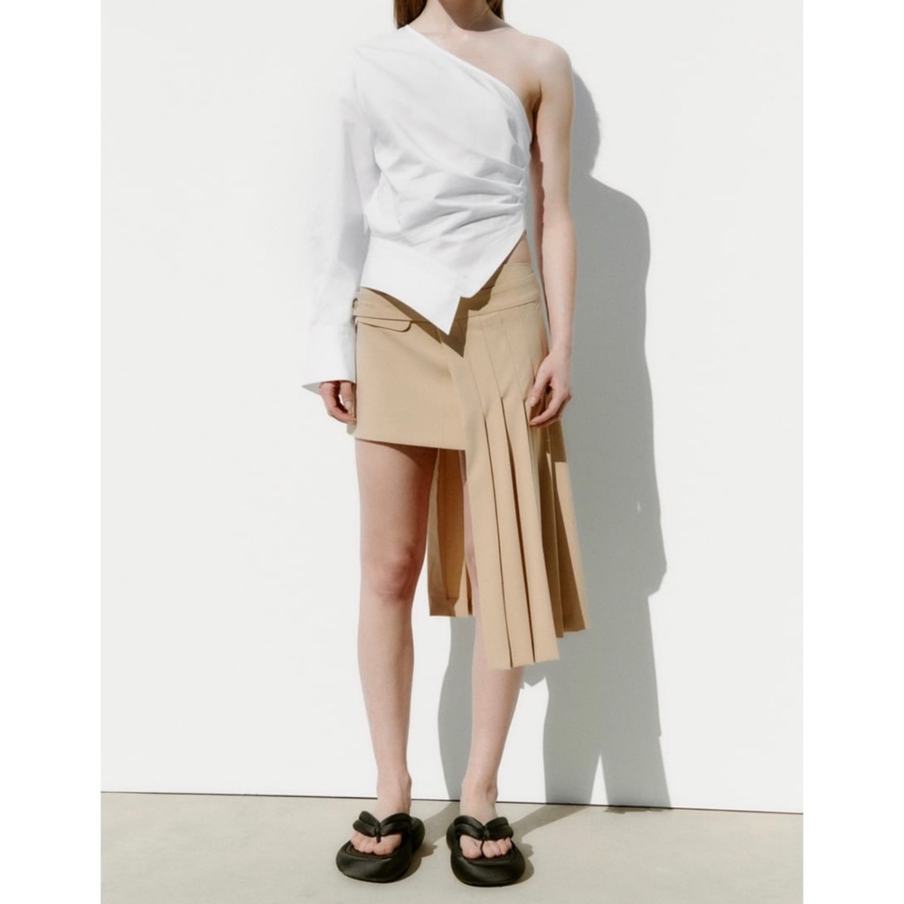 ZARA DECONSTRUCTED KHAKI TAN BOX PLEATED SKIRT SIZE XL